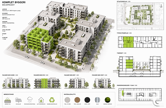 Eksempel på projektmateriale: 3D-bygningsmodel, plantegninger og materialeoversigt